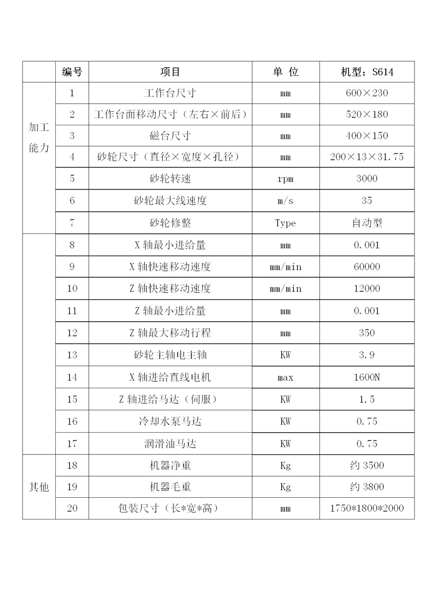 S614高精密数控平面磨床规格及参数